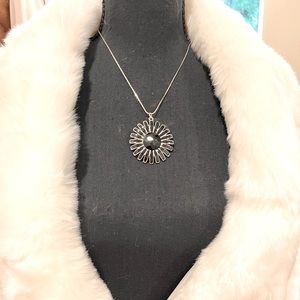 N183 Fabulous Vintage Silver Flower with Black Faceted Gems